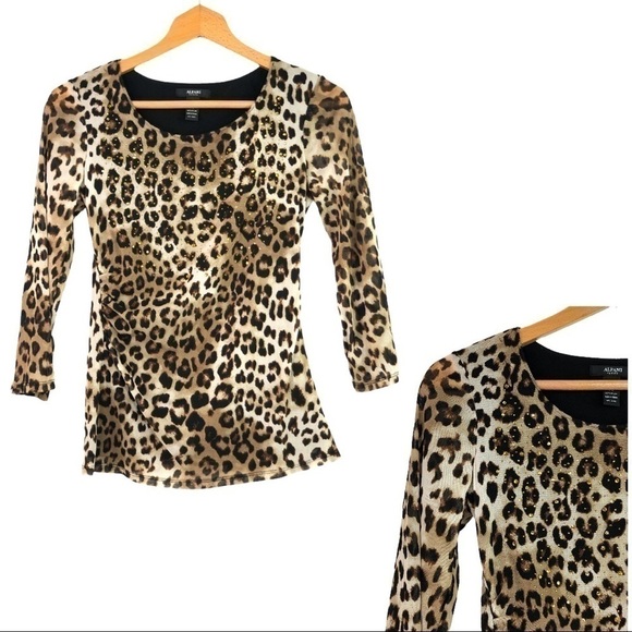 Alfani - Cheetah 3/4 Sleeve Blouse w/ Gold Jewel - Picture 1 of 6